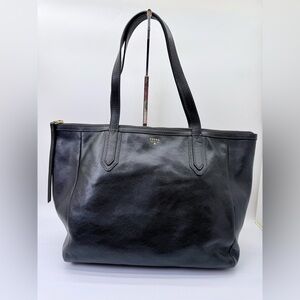 Fossil Black Pebbled Leather Zip-Top Tote Work Bag Gold Hardware